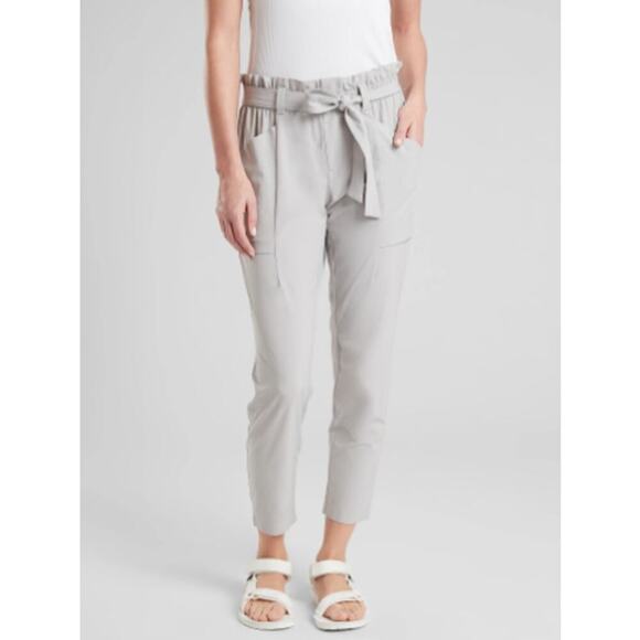 Athleta Skyline Paper Bag Waist Pants Light Grey Stretch Travel Friendly Size 14 - Picture 2 of 12